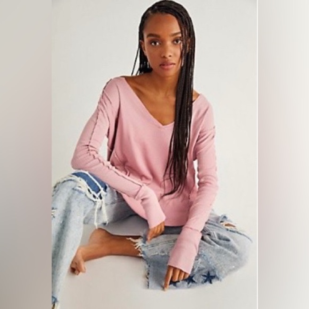 FREE PEOPLE Rose Waffle Knit Oversized Long Sleeve Thermal Top